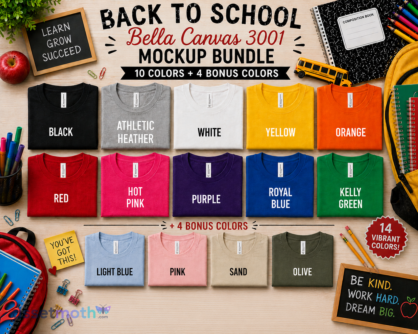 Back to School Bella Canvas 3001 Mockup Bundle – 14 Vibrant Shirt Colors preview image