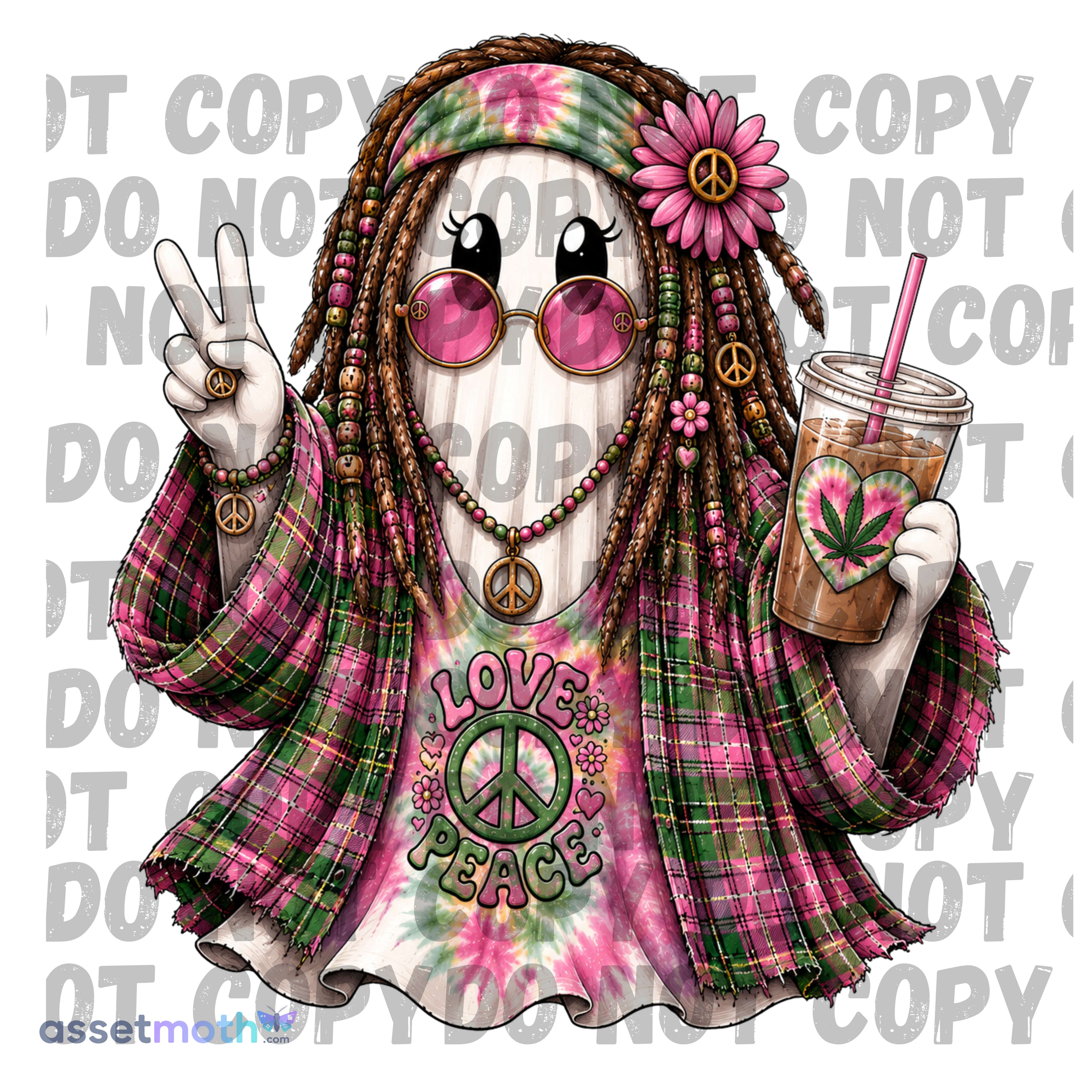Hippie Ghost PNG | Peace Love Ghost Sublimation Design | Tie Dye Boho Ghost with Iced Coffee | Retro Halloween PNG Download preview image