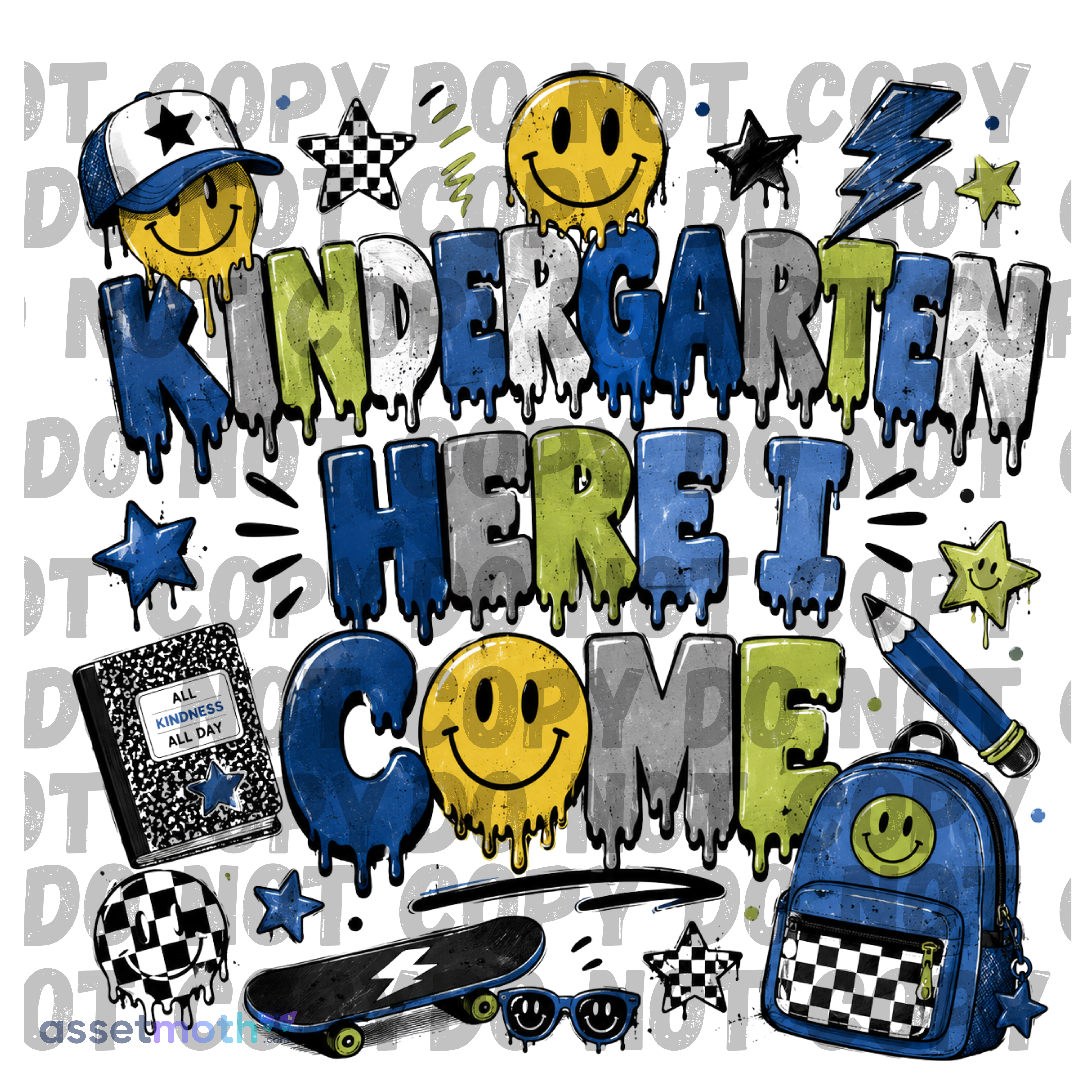 Kindergarten Here I Come PNG | First Day of School Sublimation Design | Retro Smiley School PNG | Digital Download preview image