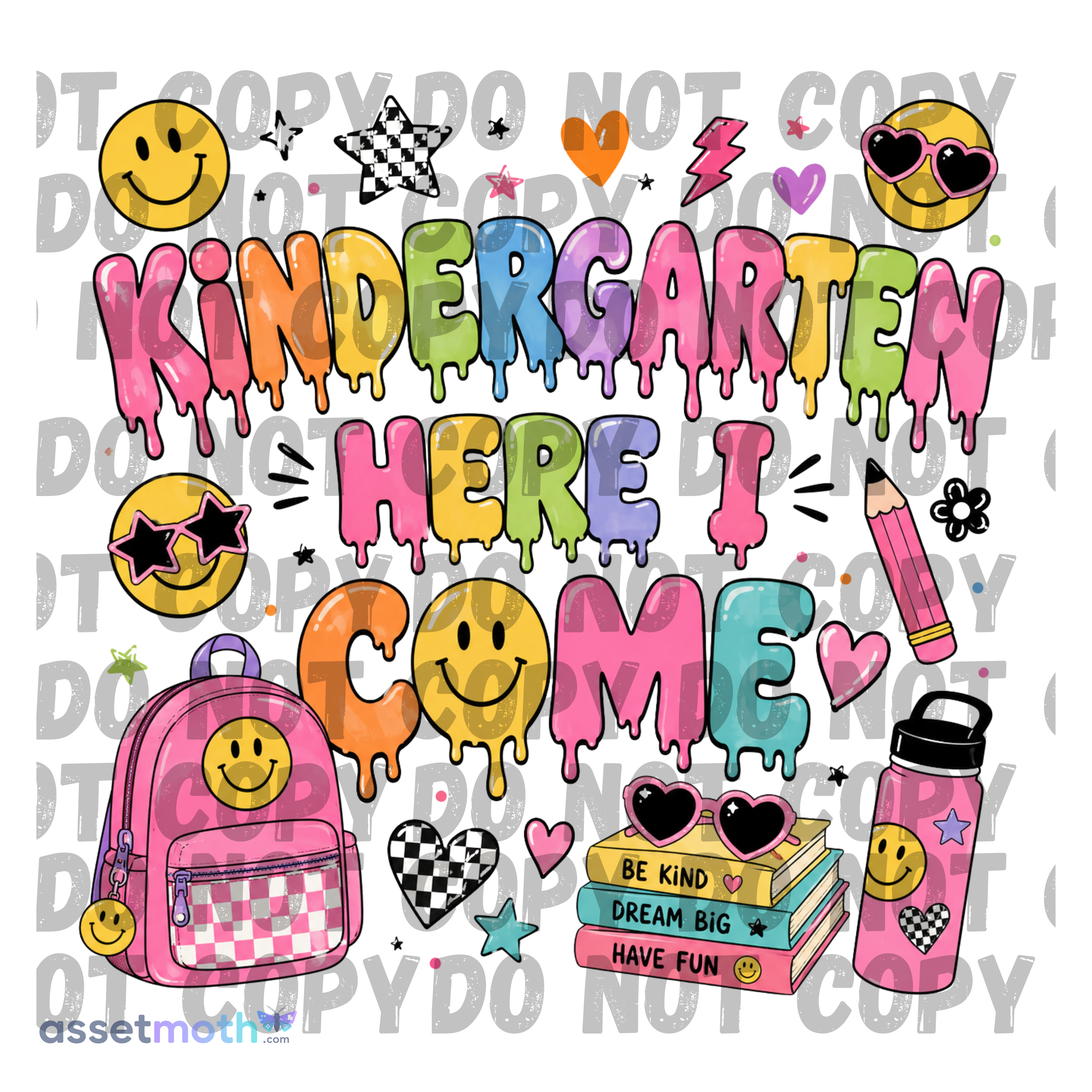 Kindergarten Here I Come PNG | Girly First Day of School Sublimation Design | Smiley Face School PNG | Retro Digital Download preview image