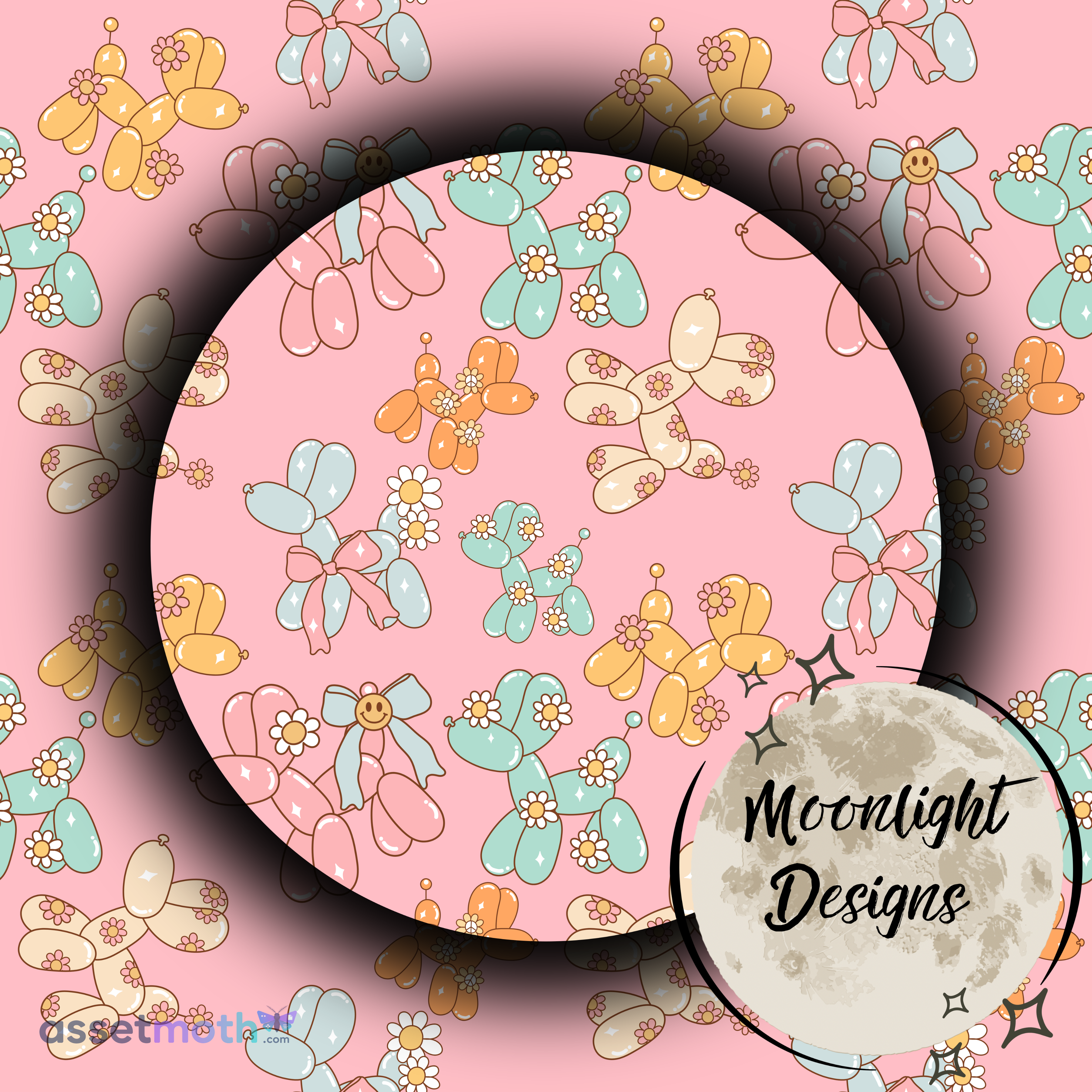 Pastel Balloon Dog Seamless Pattern PNG | Coquette Daisy Balloon Animal Digital Paper | Cute Seamless Background preview image