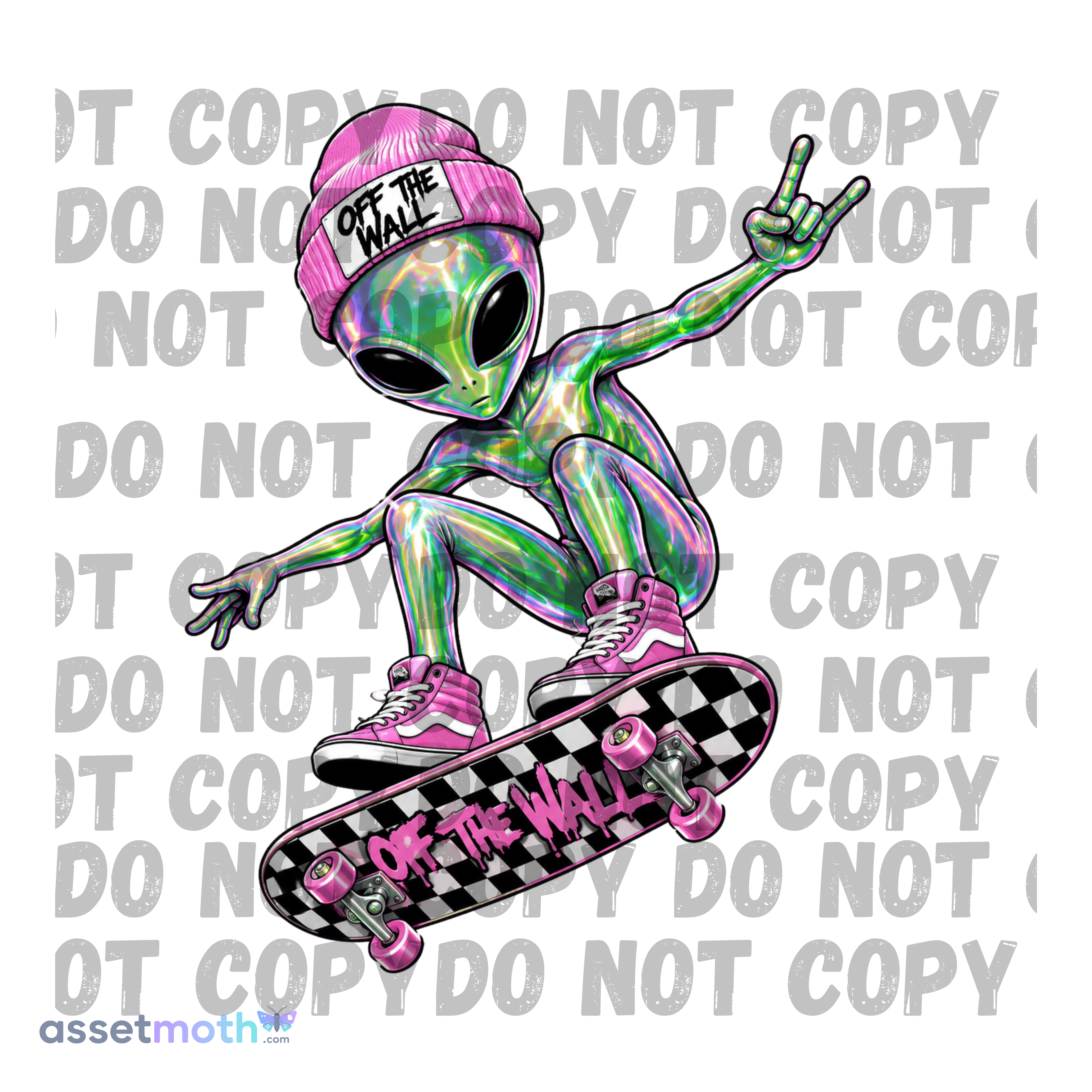 Holographic Alien Skateboard PNG | Off the Wall Alien Sublimation Design | Neon Skater Alien | Retro Skateboarding Digital Download preview image