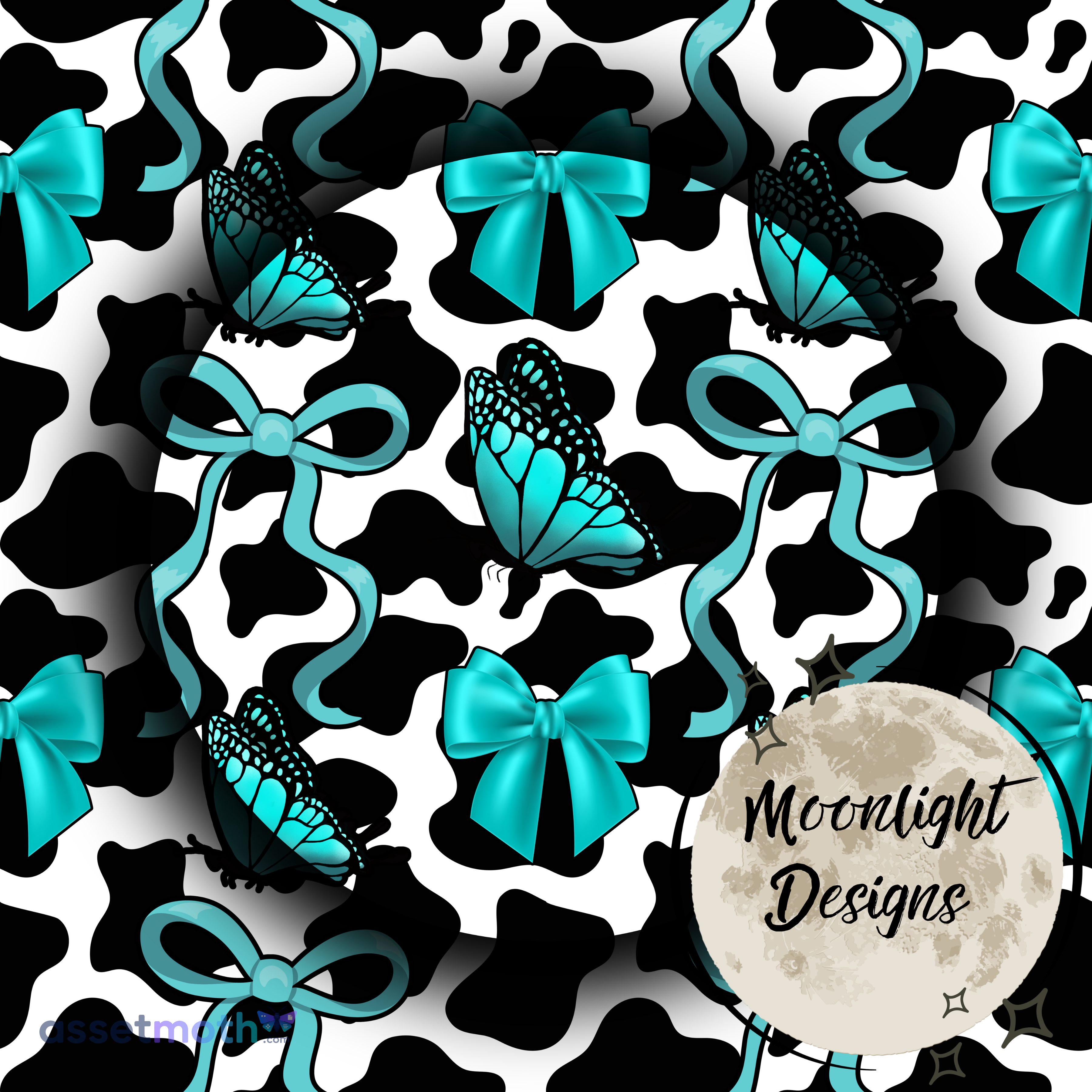 Turquoise Cow Print Seamless Pattern PNG | Butterfly & Bow Digital Paper | Western Coquette Seamless Background preview image