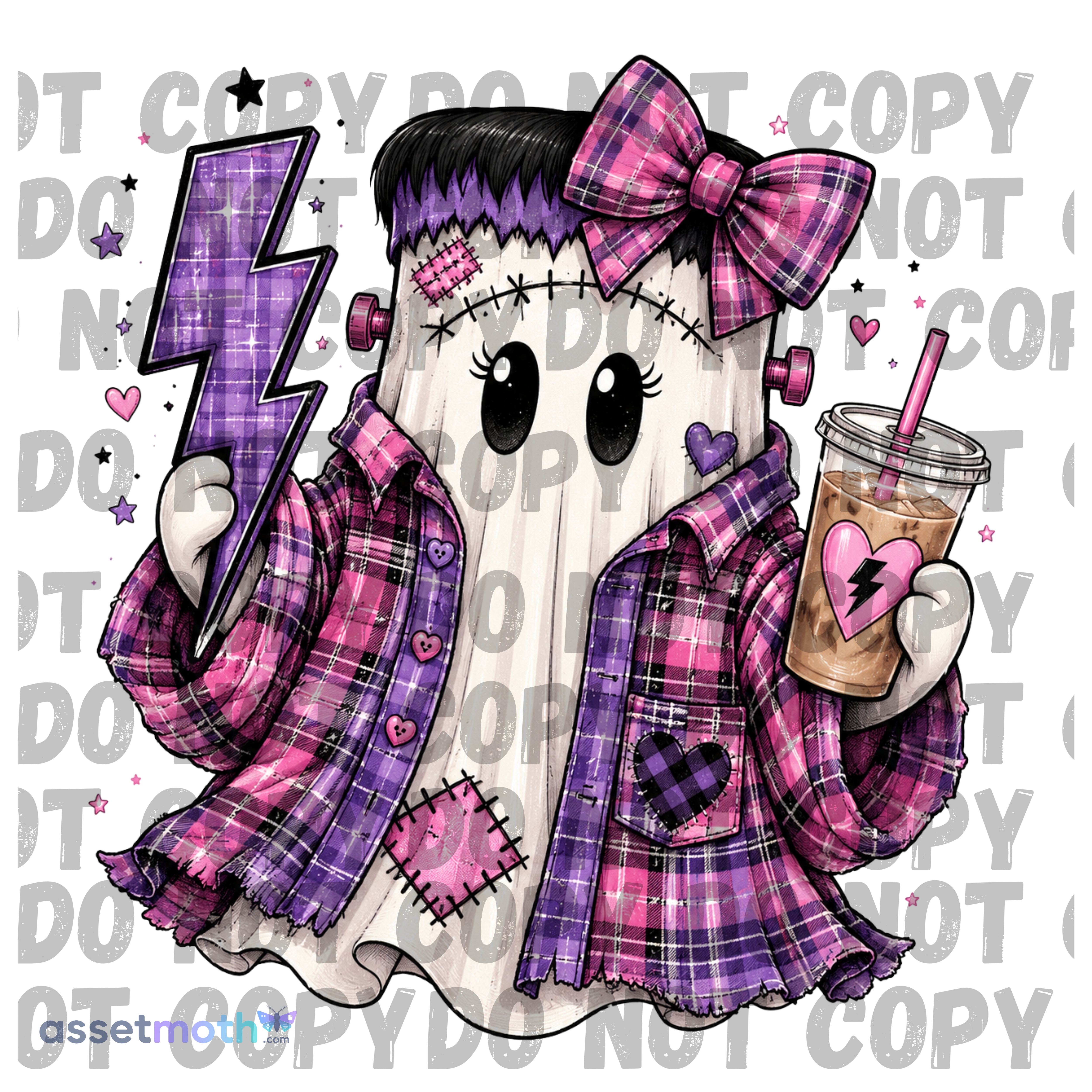 Frankenstein Ghost Girl PNG | Cute Spooky Ghost Sublimation Design | Pink & Purple Halloween PNG | Girly Retro Digital Download preview image