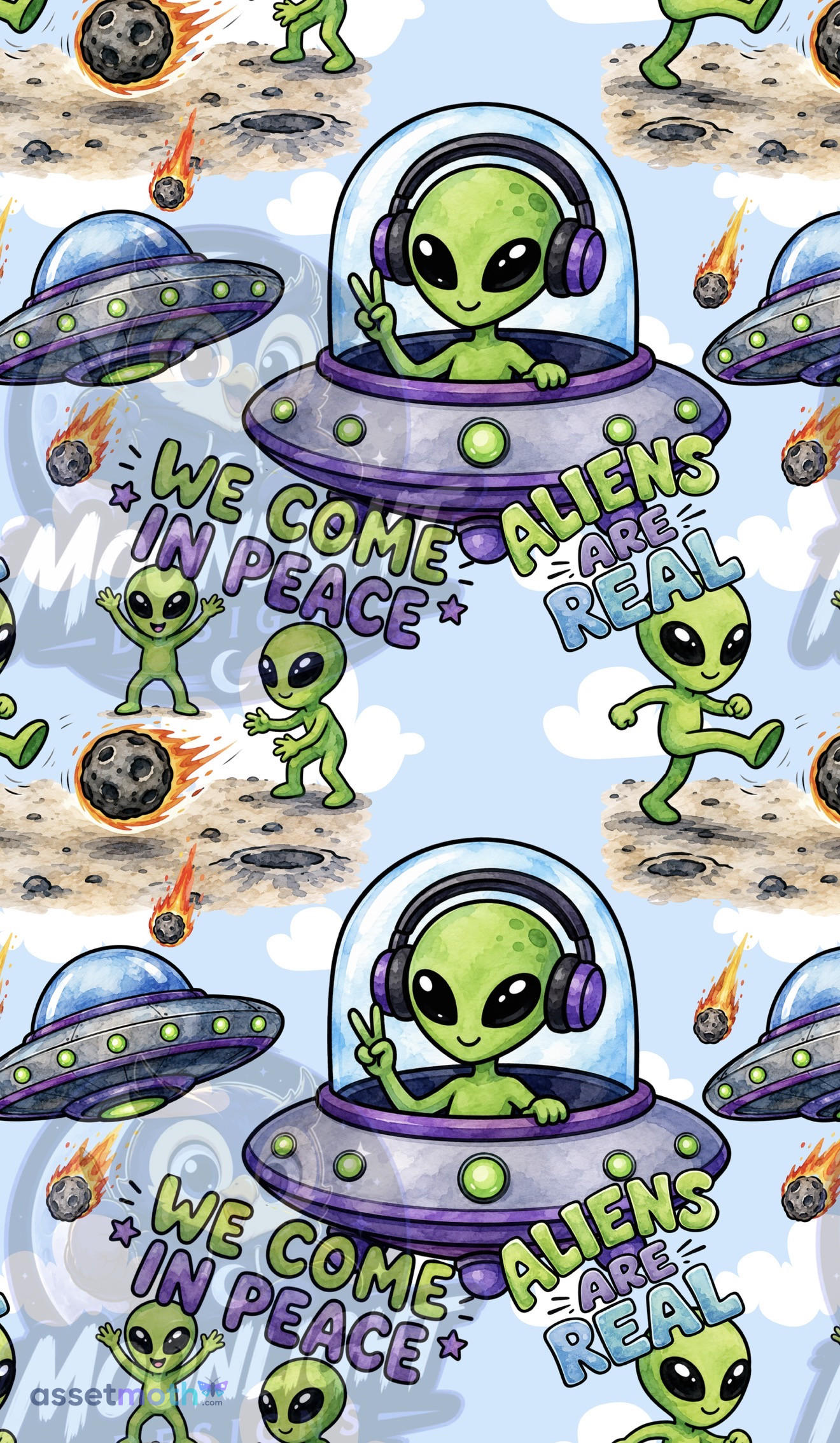 Cute Alien Clipart Bundle PNG | Watercolor Space Aliens, UFO, “We Come in Peace”, Aliens Are Real | Sublimation & Sticker Design preview image