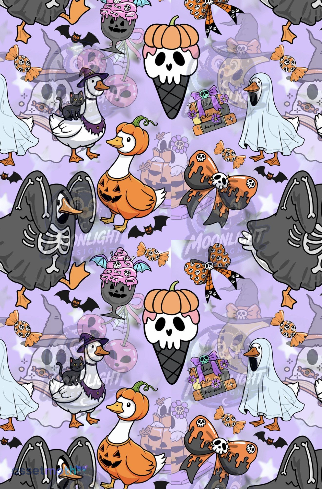 Spooky Goose Halloween Seamless Pattern | Cute Ghost & Pumpkin Geese Digital Paper | Pastel Halloween Fabric Print | Commercial Use PNG preview image