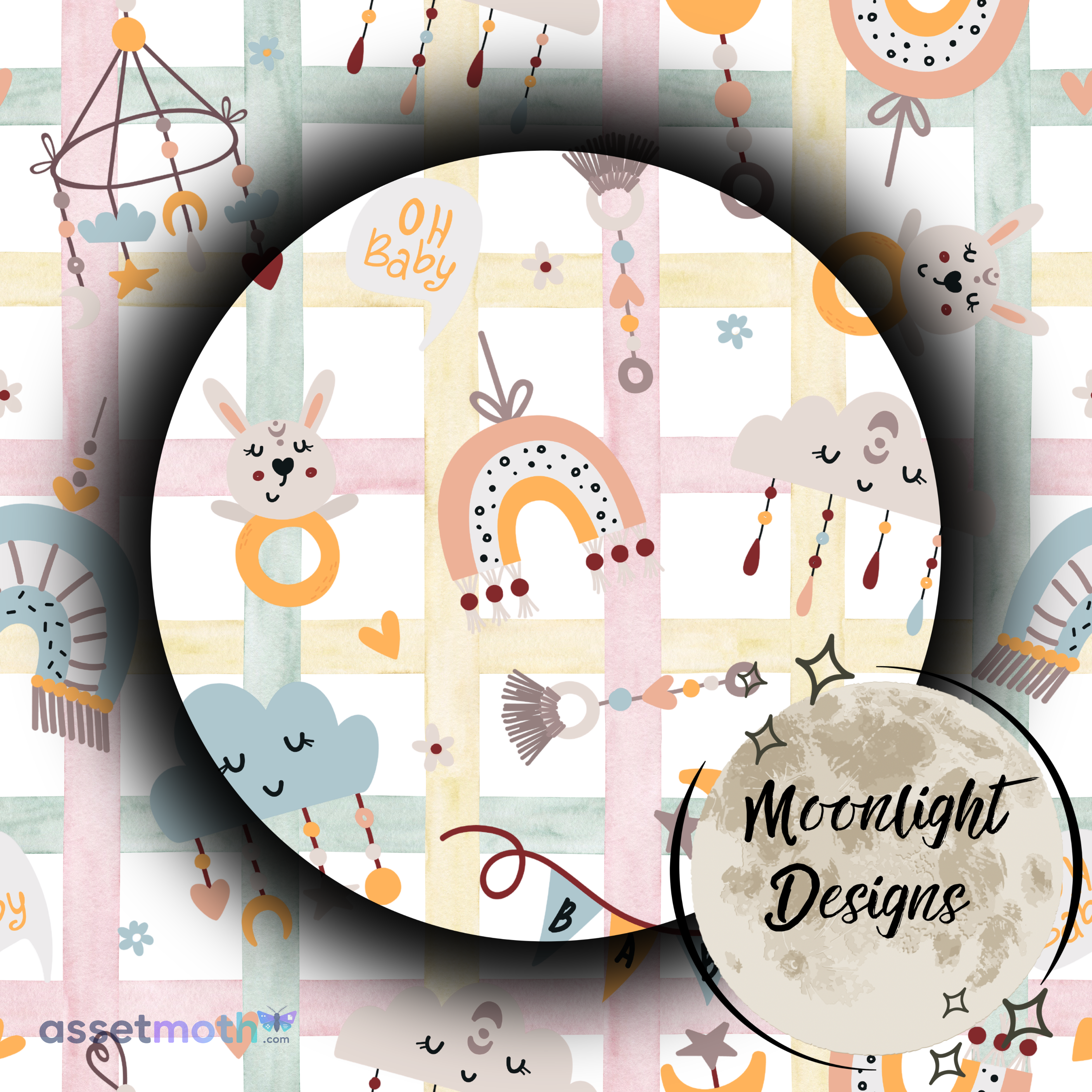 Boho Baby Seamless Pattern PNG | Neutral Rainbow Nursery Digital Paper | Bunny, Clouds & Baby Shower Seamless Background preview image