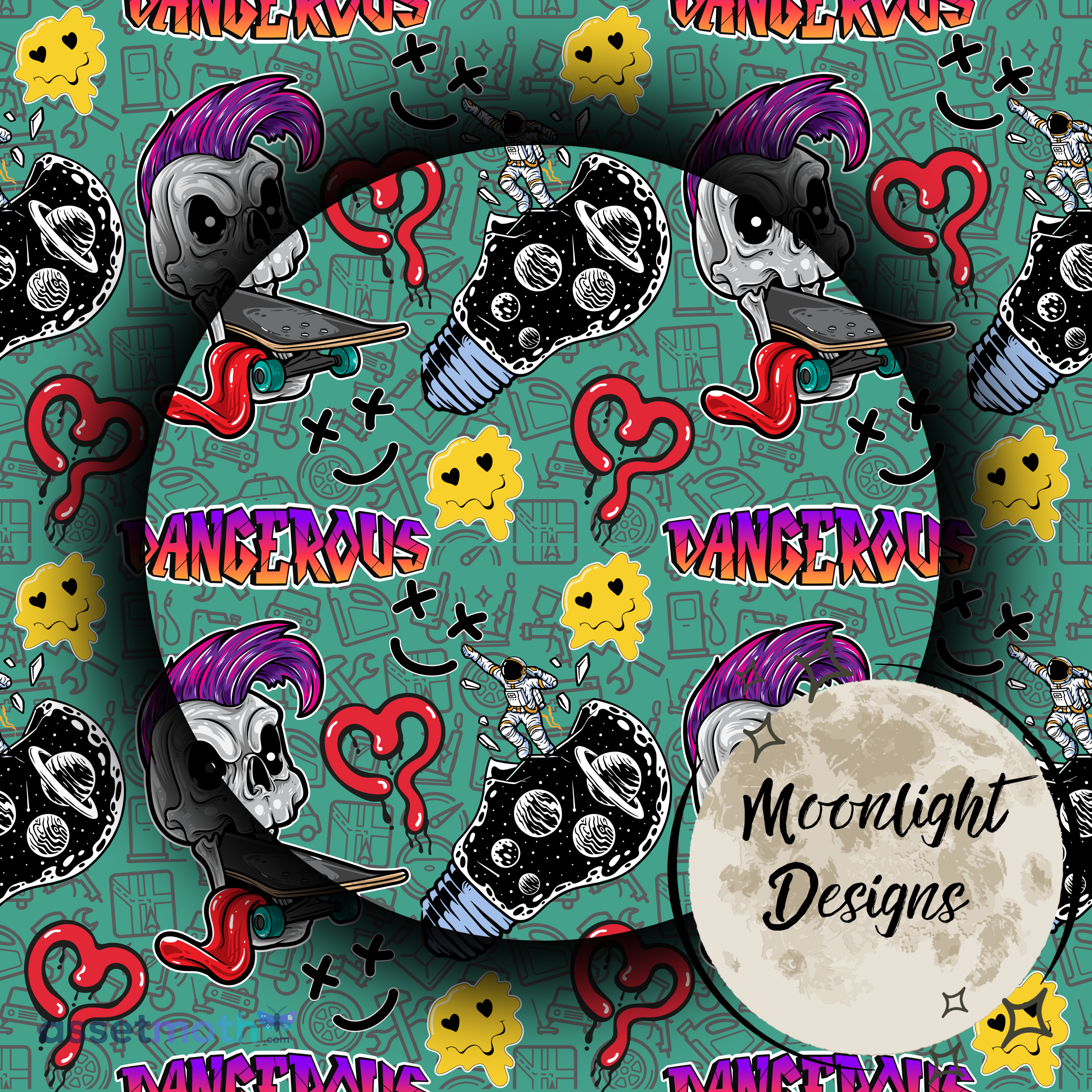 Dangerous Punk Seamless Pattern PNG | Skull, Skateboard & Space Grunge Digital Paper | Alternative Seamless Background preview image
