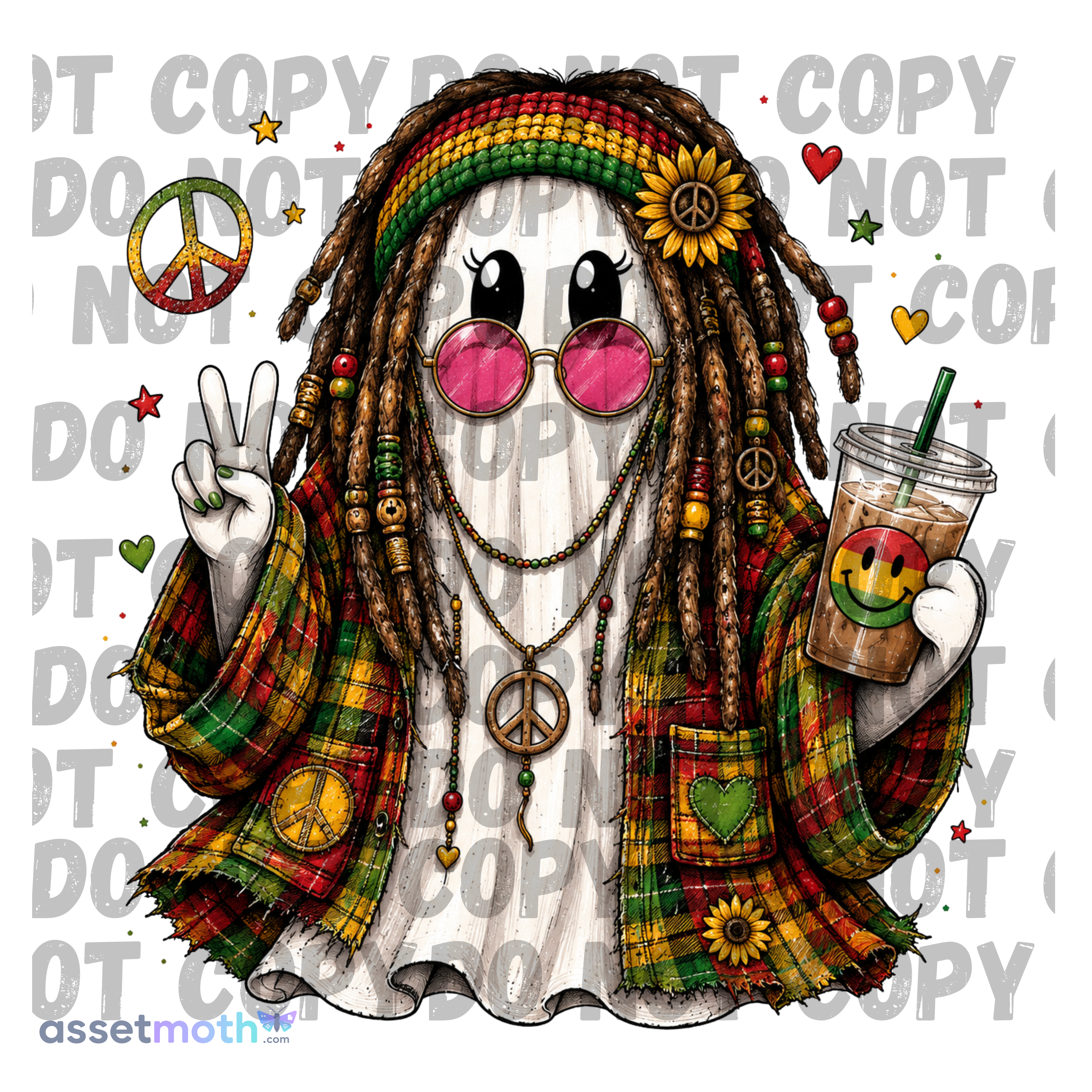 Rasta Hippie Ghost PNG | Peace Sign Ghost Sublimation Design | Boho Halloween Ghost with Iced Coffee | Retro Digital Download preview image