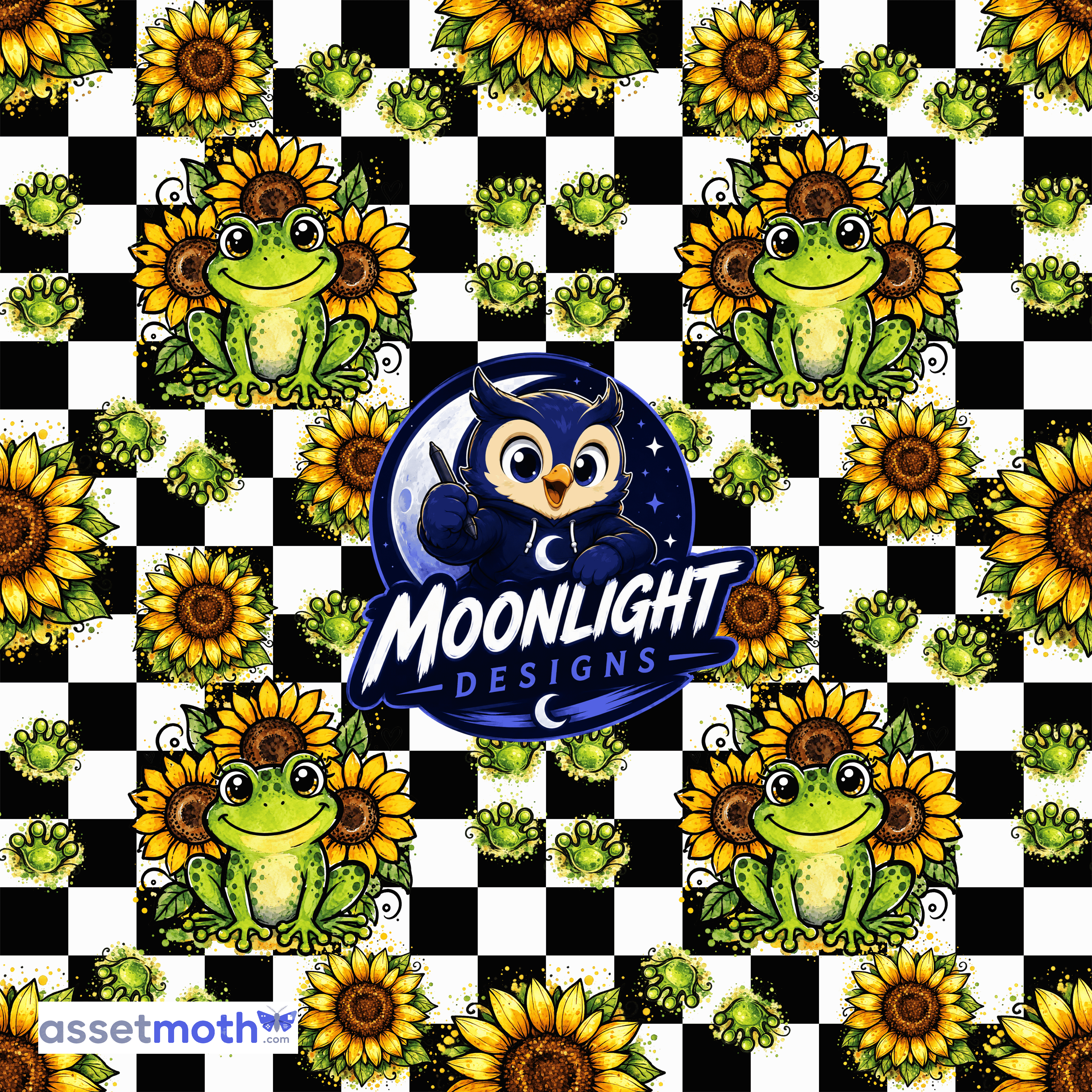 Cute Frog & Sunflower Checkered Seamless Pattern PNG | Watercolor Digital Paper | Sublimation Design | Fabric Print preview image