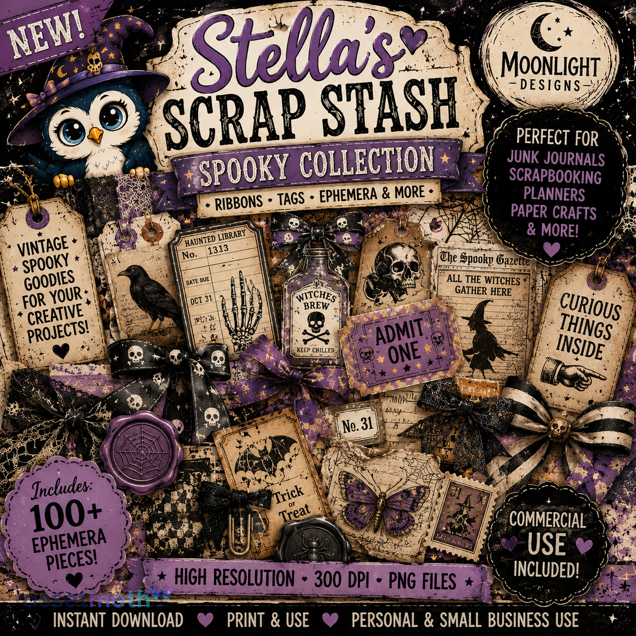 Scrap Stash 100 PNGs Spooky Ephemera Bundle | Halloween Junk Journal Kit | Vintage Gothic Papers PNG preview image