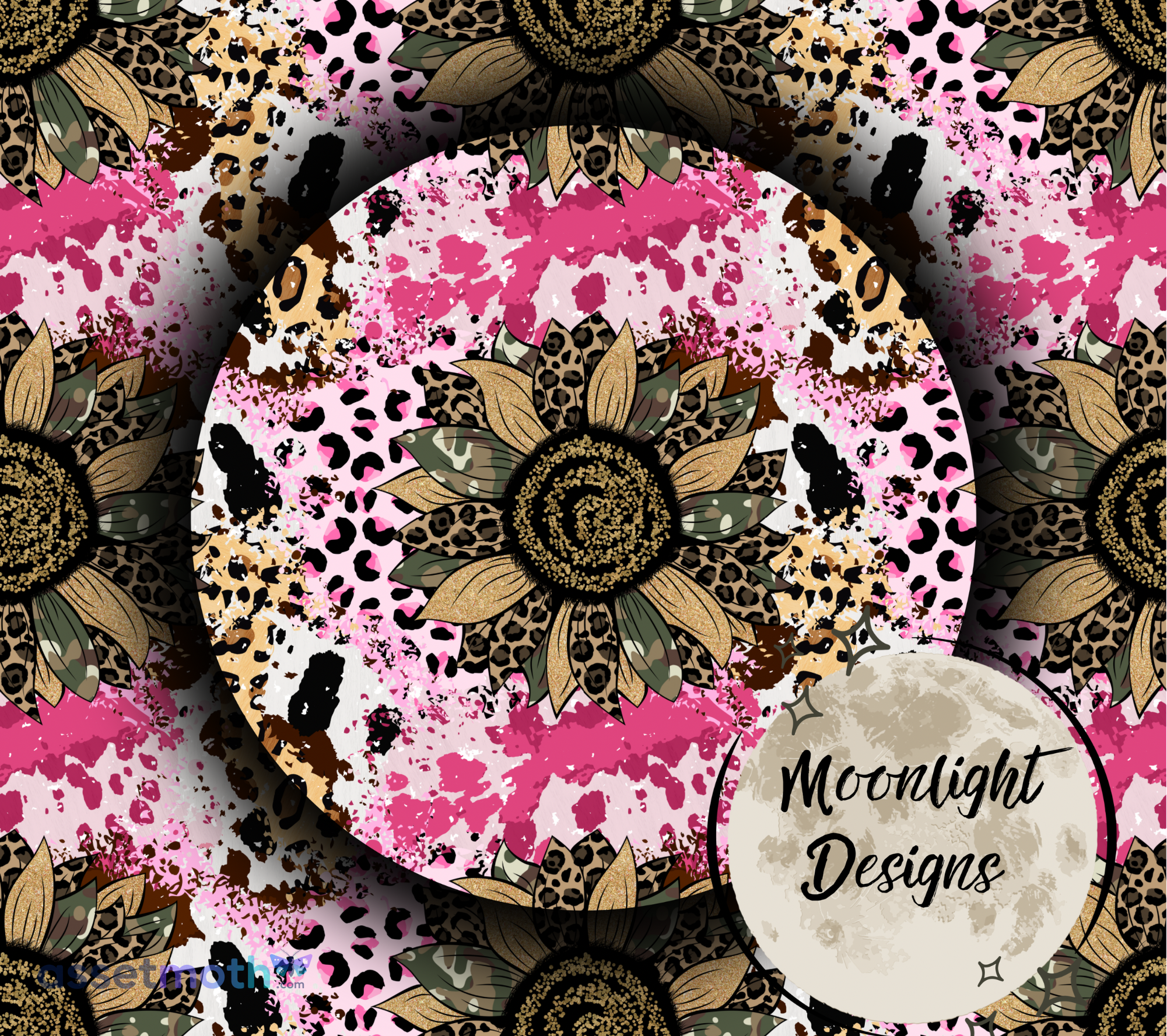 Pink Sunflower Seamless Pattern PNG | Leopard & Camo Floral Digital Paper | Western Country Seamless Background preview image