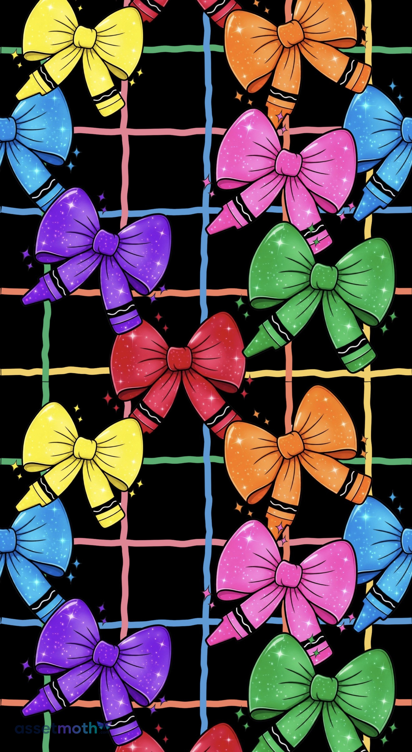 Rainbow Crayon Bow Seamless Pattern PNG | Colorful School Bows Digital Paper | Teacher, Back to School, Sublimation & Fabric Design preview image
