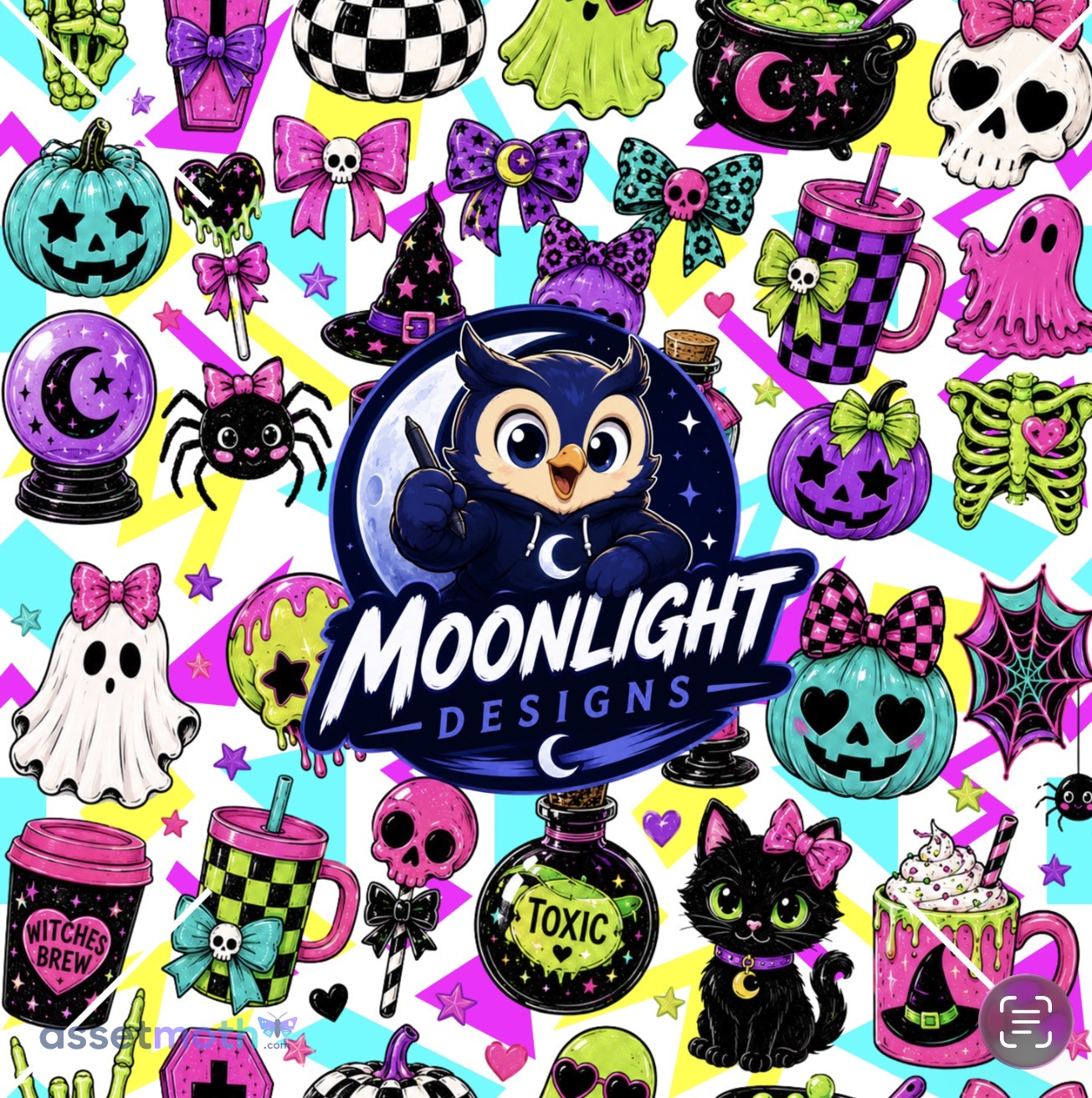 Preppy Neon Halloween Seamless Pattern PNG | Cute Spooky Digital Paper | Pink, Teal & Lime Halloween Background preview image